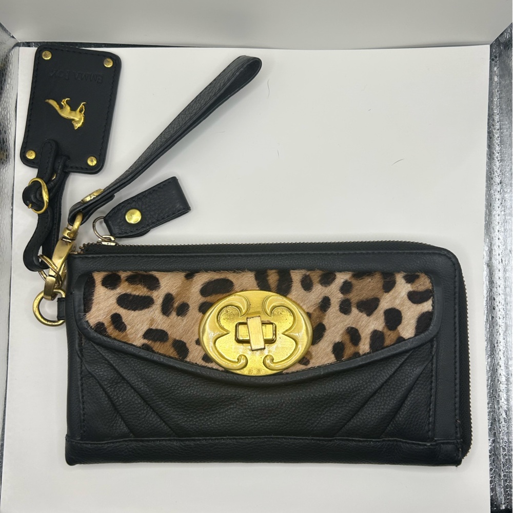 Emma Fox Black and Leopard Print Wallet with Gold Accents